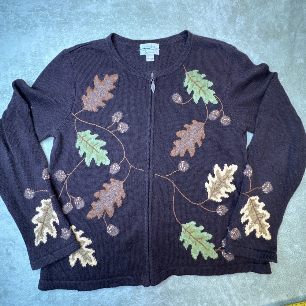 Christopher Banks brown Embroidered acorn Leaf zip Up Cardigan Sweater fall L